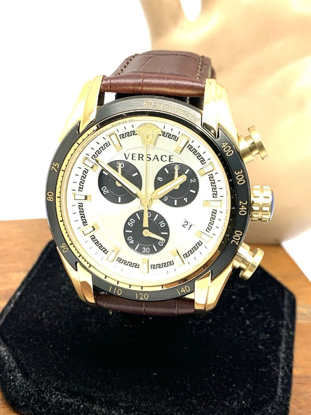 Versace Men's Watch VE2I00221 Swiss Quartz Chronograph Silver Dial Brown Leather